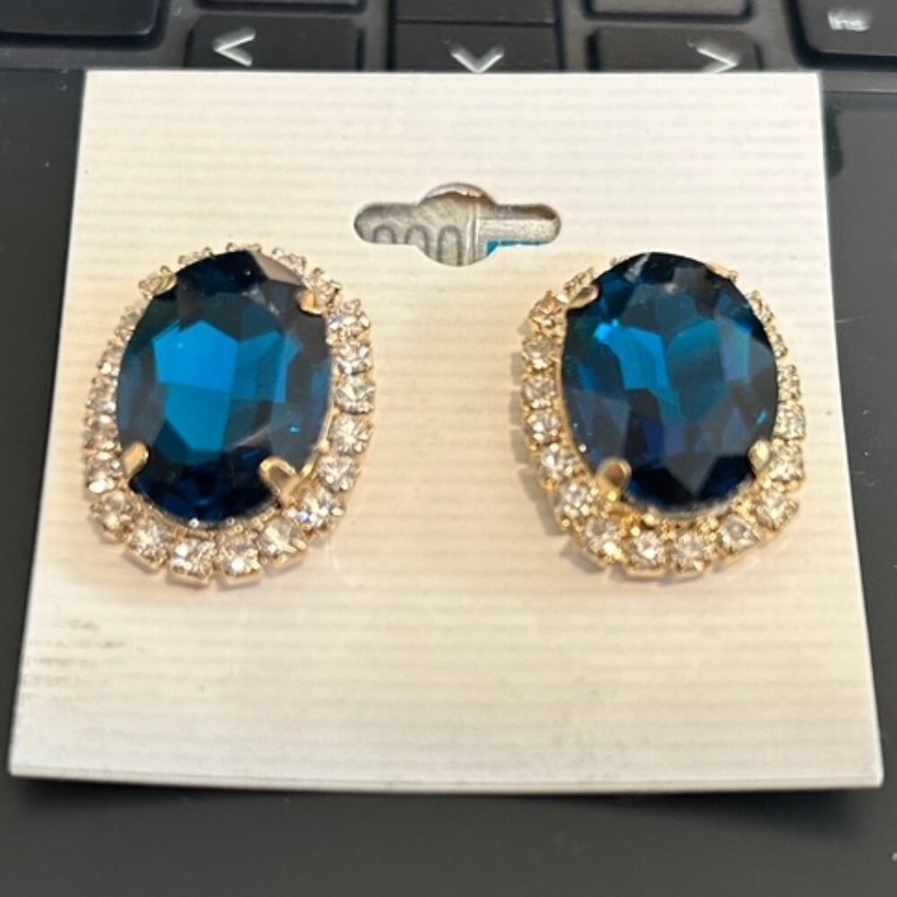 Large Austrian Crystal Earrings: Center Faceted Blue Crystal with Clear Crystals